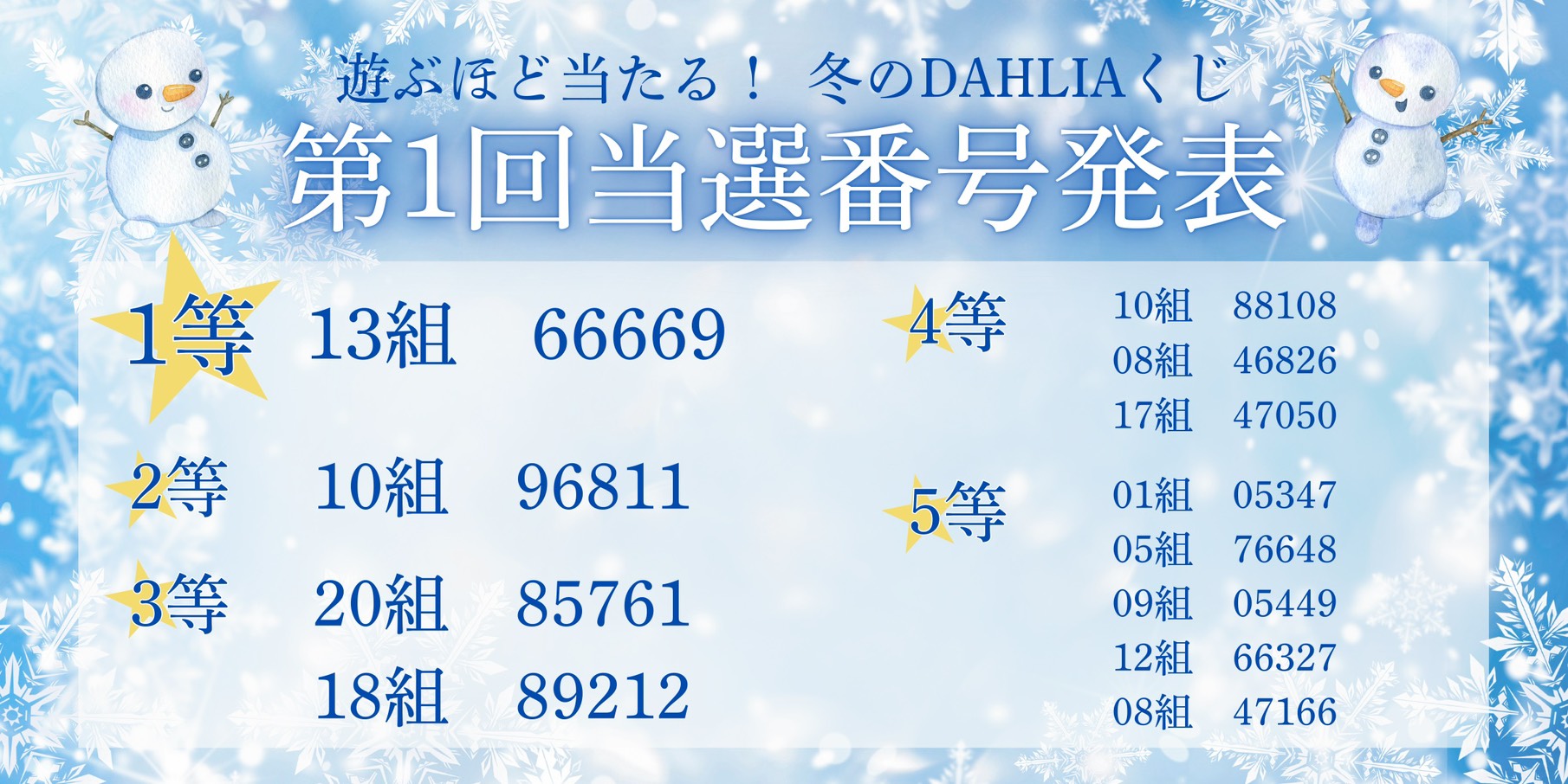 冬のDAHLIAくじ第一回当選番号発表